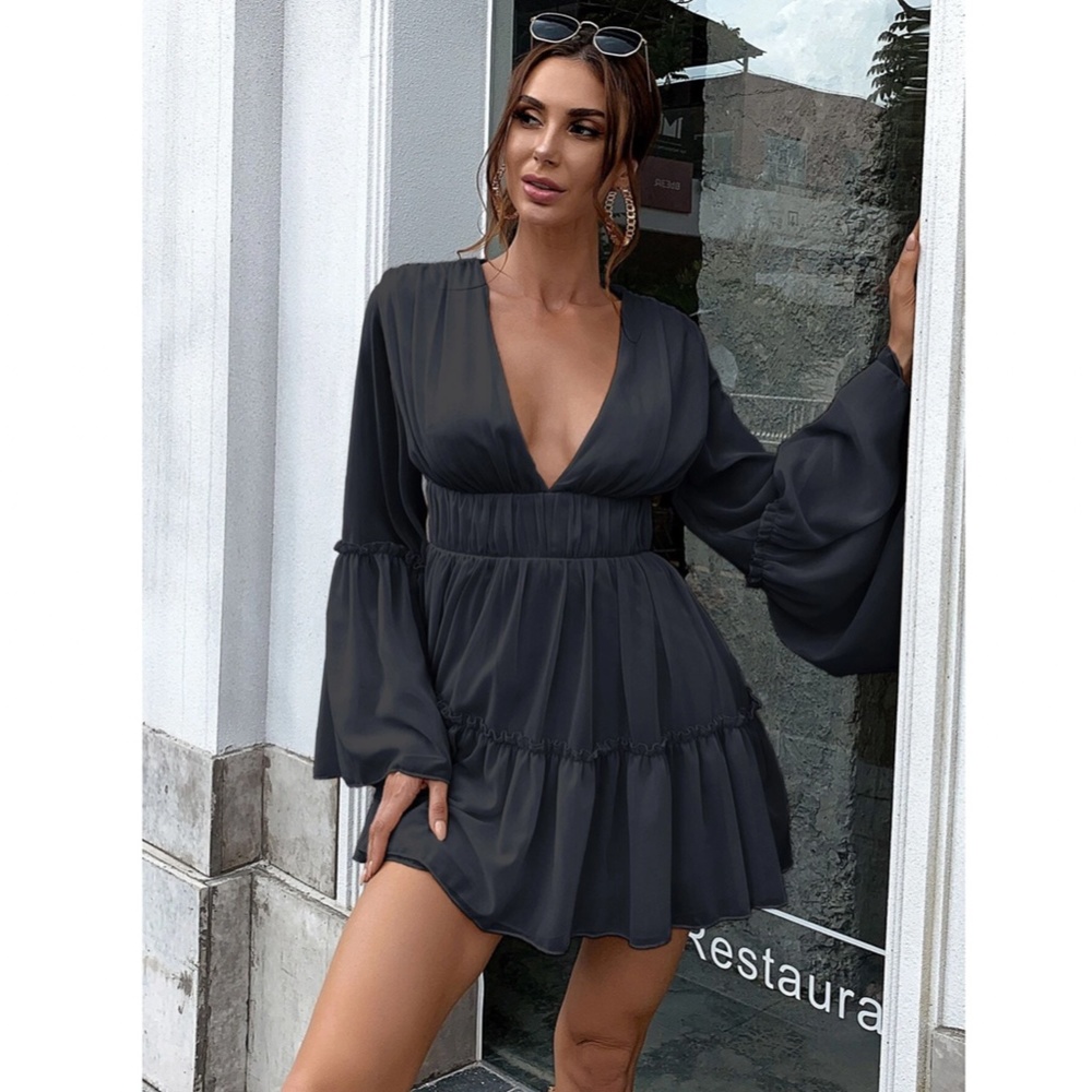 Black Boho Mini Dress Flounce Sleeves Deep V Neck - Picture 2 of 13
